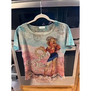 Sweet Gisele Cowgirl Up Graphic Tee Polyester Spandex Rhinestone Jackson Hole M